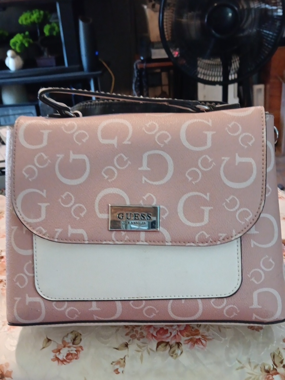 GUESS Pink Logo-Print Satchel Or Crossbody with Cream Front Pocket